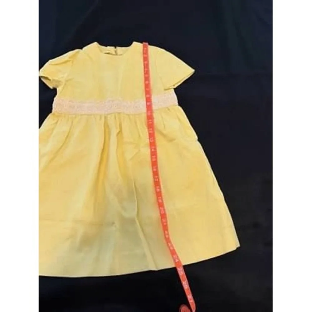 Vintage Girls Yellow Smocked Waist Dress Short Sleeve Special Occasion handmade